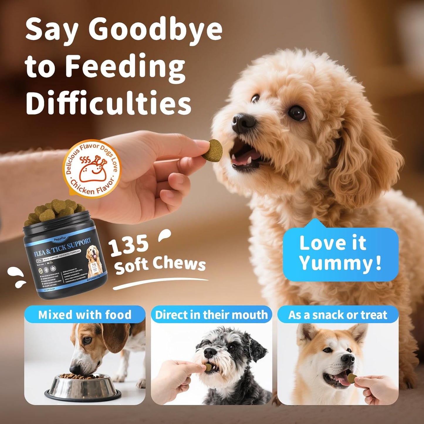 Dog Flea and Tick Treatment Chewable, 5-in-1 Natural Flea and Tick Prevention Chews, Dog Oral Flea and Tick Support Supplement, for All Breeds and Ages, Chicken Flavor, 135 Count