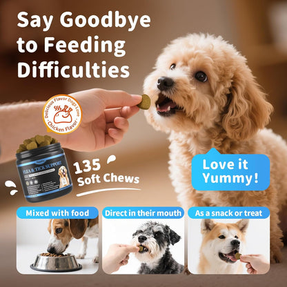 Dog Flea and Tick Treatment Chewable, 5-in-1 Natural Flea and Tick Prevention Chews, Dog Oral Flea and Tick Support Supplement, for All Breeds and Ages, Chicken Flavor, 135 Count