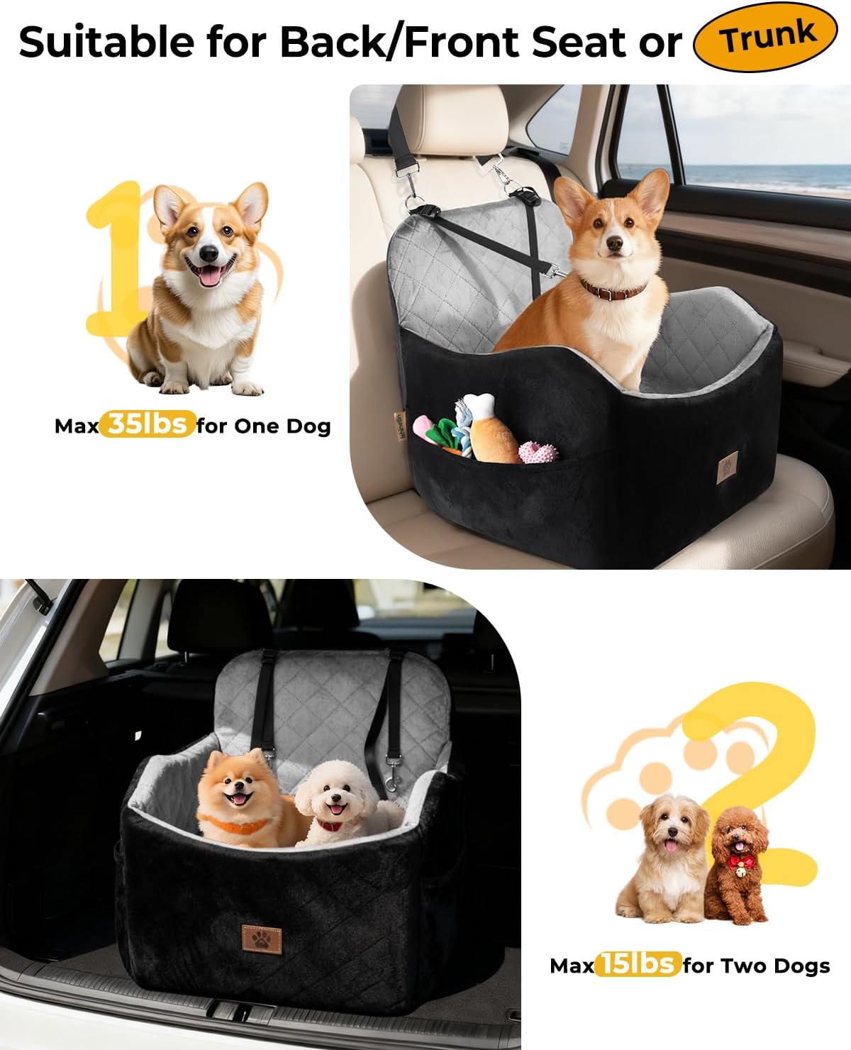 Dog Car Seat for Small/Medium Dogs, Detachable Washable Dog Booster Seat Under 35lbs, High-Support Memory Foam,Travel Bed with Storage Pockets