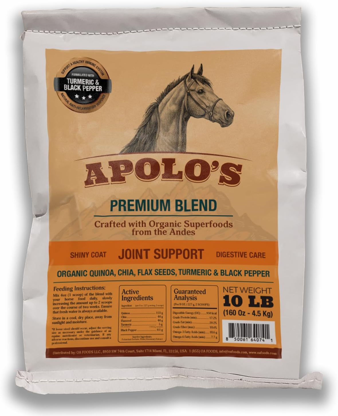 New! APOLO'S 100% Natural Horse Supplement for Daily Feeding – Joint Support, Coat Shine & Strength | Flaxseed, Quinoa, Chia | Turmeric and Black Pepper | 10 LB Bag