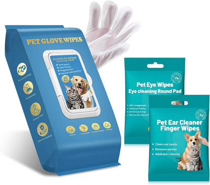 Pet Glove Wipes for Dogs & Cats – Dog Wipes for Paws, Butt, Ears & Eyes – Instant Bath Gloves, Gently Remove Tear Stains, Ear Wax & Dirt – Pet Grooming Kit (20 Glove Wipes, 40 Ear Wipes, 50 Eye Wipes)