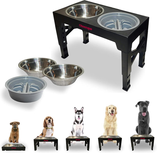 5-Tier Elevated Dog Bowls, Feeding Station Holder with 2 Stainless Steel +1 Slow Feeder Bowls Elevated, Water & Food Bowl Stand, Raised Dog Bowl Stand for Medium Size, Small & Large Breed