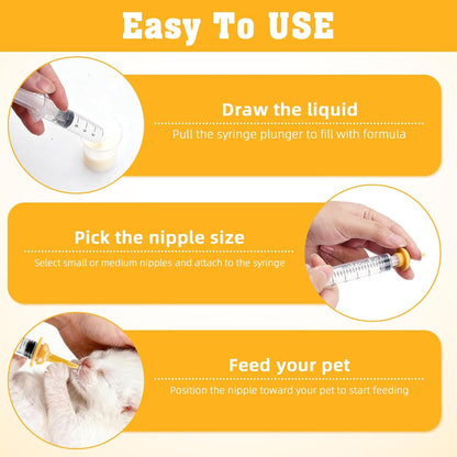 Zkptops Kitten Bottle Feeding Kit with Silicone Nipples Syringe Milk Replacement Feeding Tools for Newborn Kittens Puppies Rabbits Small Animals Pet Nursing Kit with Feeding Supplies Cleaning Brushes