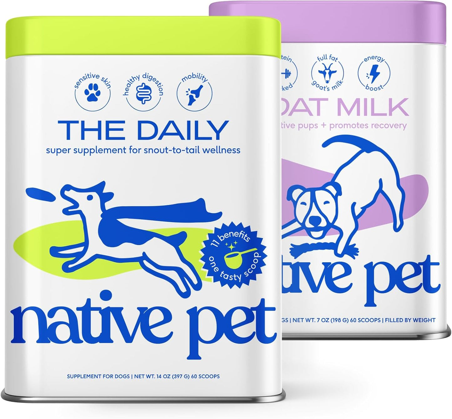 Native Pet The Daily Dog Supplement (60 Scoops) and Goat Milk Powder for Dogs and Cats (60 Scoops) - 11 in 1 Multivitamin and Food Topper to Support a Healthy Digestive System