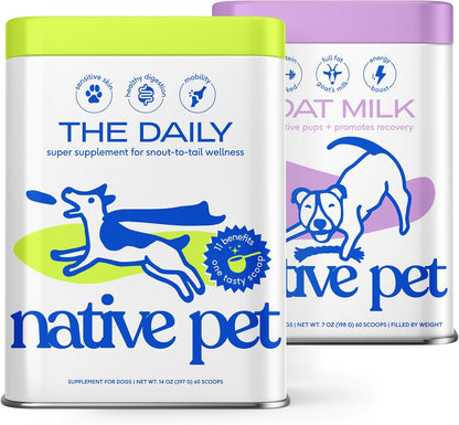 Native Pet The Daily Dog Supplement (60 Scoops) and Goat Milk Powder for Dogs and Cats (60 Scoops) - 11 in 1 Multivitamin and Food Topper to Support a Healthy Digestive System