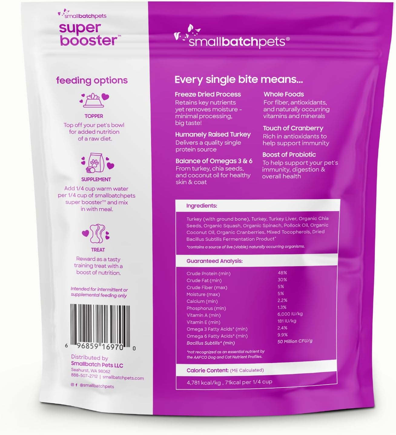 Smallbatch Freeze Dried Dog Treats, Superfood Food Topper Turkey Bites for Dogs & Cats, Probiotics, Organic Ingredients, High Protein, Grain Free Healthy Treat & Food Topper, Made in the USA, 7 oz Bag