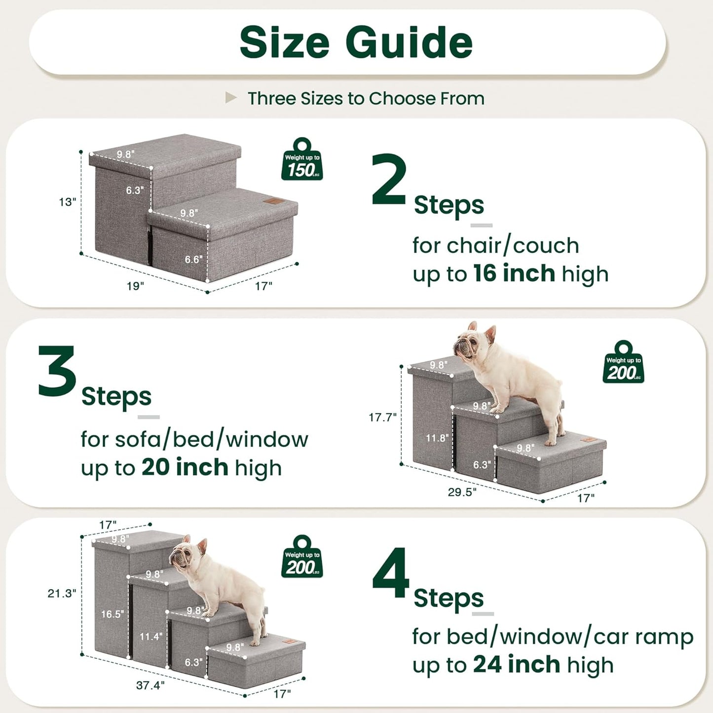 Love's cabin Dog Stairs for High Bed 18"H,Foldable Pet Stairs for Small Medium or Large Dogs Puppy with Storage for Bed or Couch, Cat Dog Steps Ramp with Zip up to 200 lbs(Solid Grey,3 Steps no Condo)