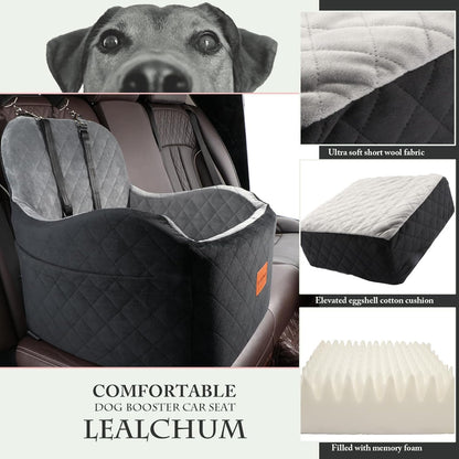 Dog Booster Car Seat for Small/Medium Dogs,6in Memory Foam Elevated Cushion,Fully Detachable and Washable,2 Clip-On Safety Leashes,Anti-Slip Base(Black/Grey,Medium)