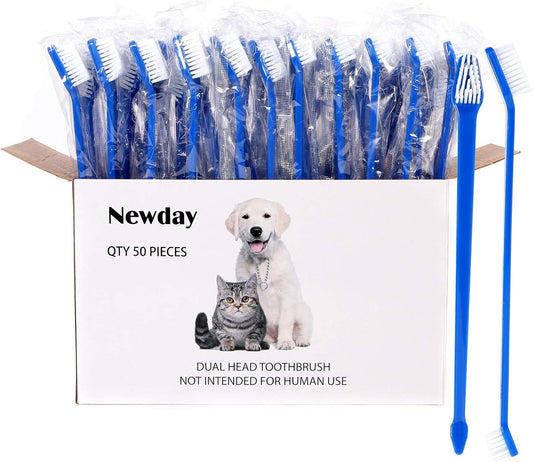 Newday 50 Pieces Double-Headed Dog Cat Pet Toothbrush, Super Soft Bristles Oral Care Teeth, pet Tooth Brush for Dogs, Dog toothbrushes in Bulk Individual polybag (Blue)