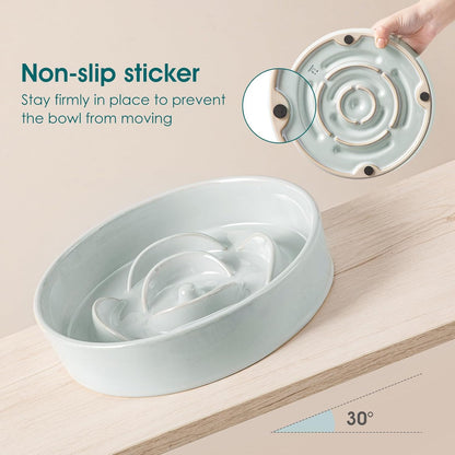 vancasso Slow Feeder Dog Bowl, 1.5 Cups Ceramic Dog Food Dish for Fast Eaters Small Breed, Puzzle Bowl for Small Dogs and Cats, Grayish Cyan