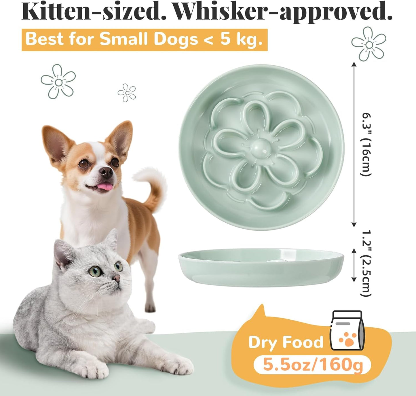 Melamine Cat Slow Feeder Bowl - Floral Maze Cat Food Dish - Flat Plate for Dry & Wet Food - Cute Kitten Bowl - Dishwasher Safe - 6.3'' W x 1'' H - 5.5 oz (160g) - White
