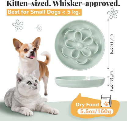 Melamine Cat Slow Feeder Bowl - Floral Maze Cat Food Dish - Flat Plate for Dry & Wet Food - Cute Kitten Bowl - Dishwasher Safe - 6.3'' W x 1'' H - 5.5 oz (160g) - White