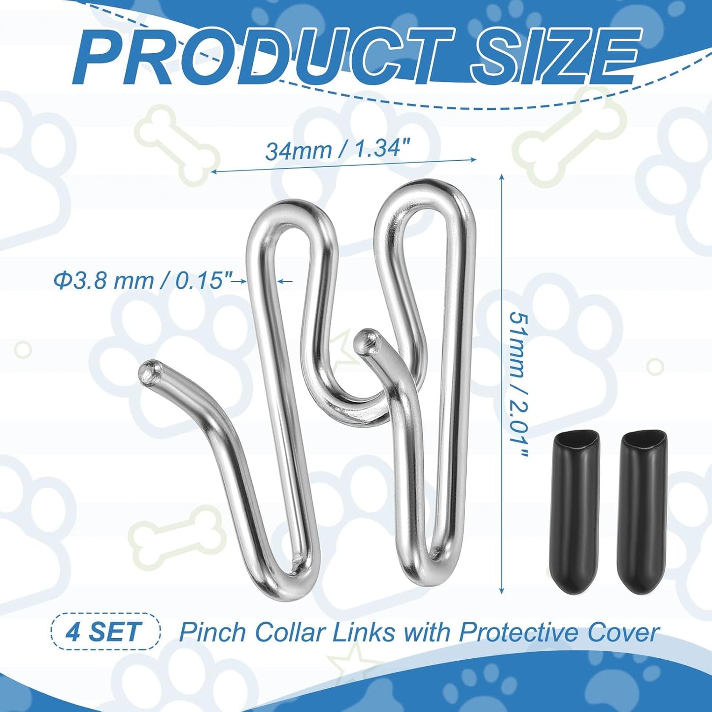 Dog Collar Extra Links, Prong Collar for Pets Stainless Steel Pinch Dog Training Collar Round Head 3.8mm, (Silver, 4 Set), Intended for Small/Medium/Large Dogs Training