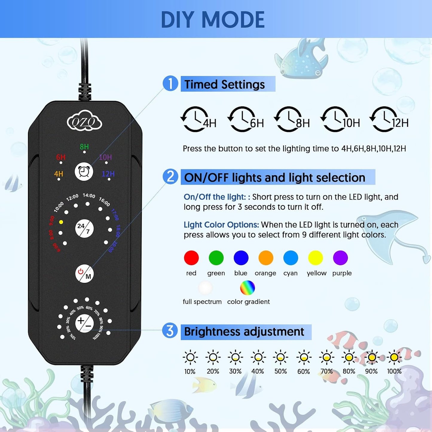 QZQ Fish Tank Light – Aquarium Light 24/7 Mode LED Aquarium Lights for Fish Tank with Adjustable Timer/Brightness, Aquarium Plant Light (16W for 12–20 Inch Tank)