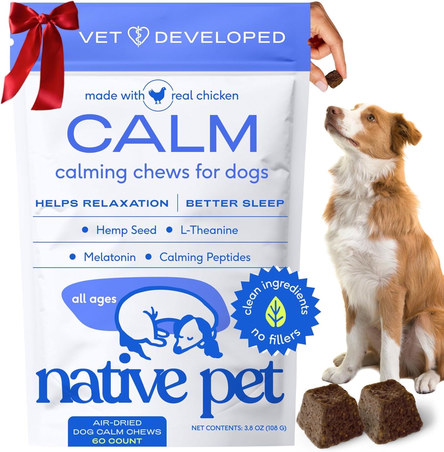 Native Pet Calming Chews for Dogs - Melatonin for Dogs Anxiety Relief - Grain Free All Natural Hemp Calming Treats & L-Theanine Helps Manage Stress & Separation Anxiety - Puppy Sleep Aid - 60 Chews