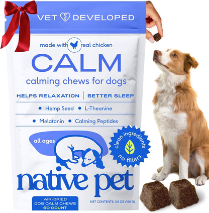 Native Pet Calming Chews for Dogs - Melatonin for Dogs Anxiety Relief - Grain Free All Natural Hemp Calming Treats & L-Theanine Helps Manage Stress & Separation Anxiety - Puppy Sleep Aid - 60 Chews