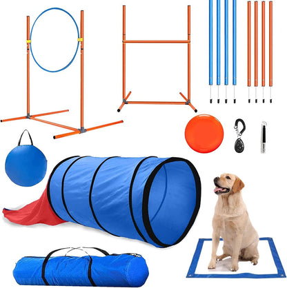 Agility Training Set for Dogs - Affordable Training Kit Dog Jump Training Obstacle Course Starter Kit Pet Outdoor Games with Tunnel, Dog Flying Disc, Weave Poles, Jump Ring, Carrying Bag