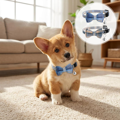 2Pcs Cat Collar Breakaway, Cat Bowtie Collar with Bells Soft Adjustable Kitten Accessories, Cute Plaid Cats Collar with Cat Buckle for Kitten Puppy and Small Pets