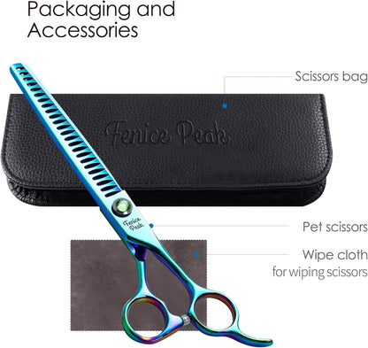 Fenice Peak 7.5'' Green Chunker Dog Grooming Scissors Pet Shears with Ergonomic Offest Handle and Simulated Emerald Screw 440C Grooming Scissors Trimming Shears Durable and Sharp