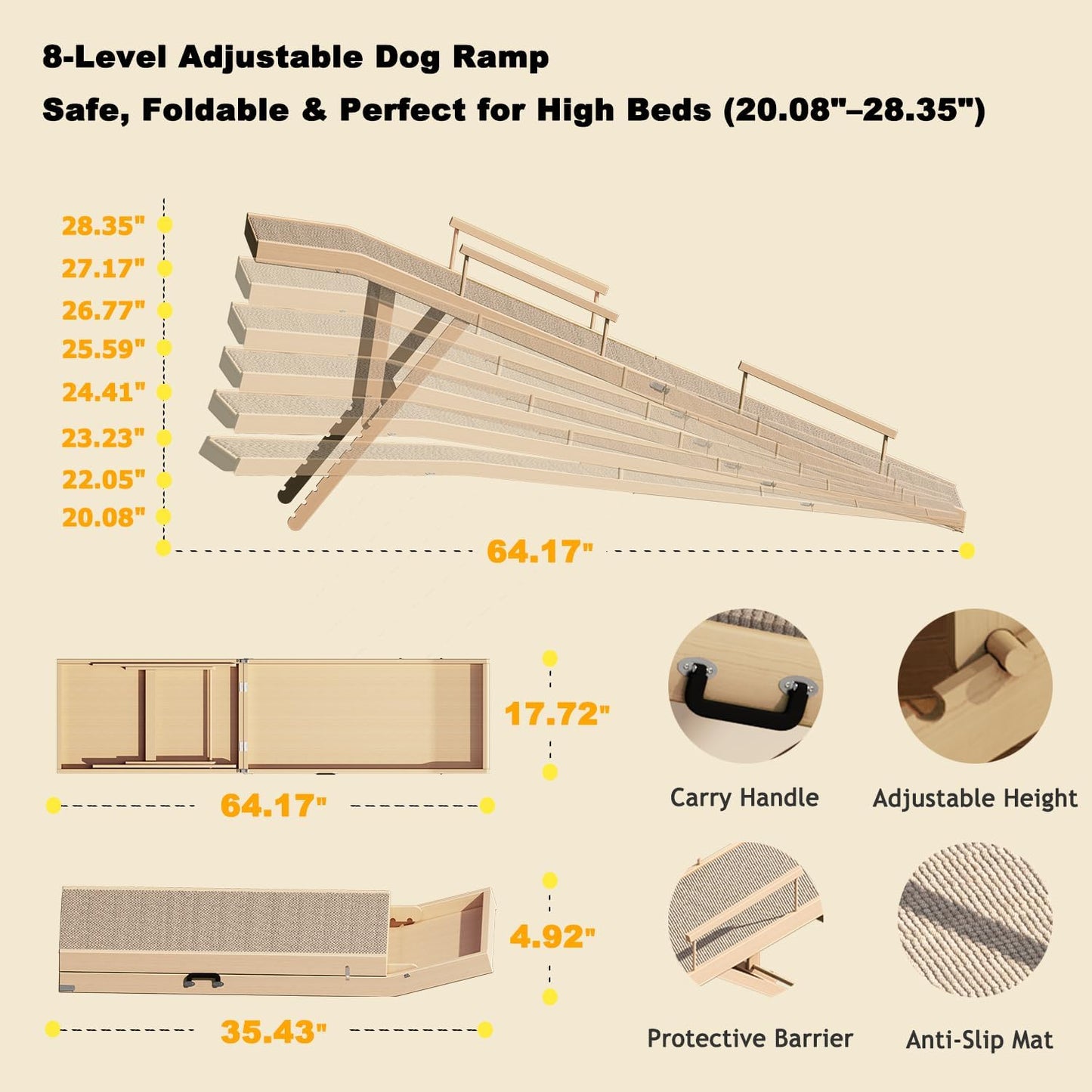 Dog Ramp for Bed, Couch & Car – Adjustable Foldable Pet Ramp, 64.17" Long, 17.72" Wide, Non-Slip Surface with Safety Rails, 8 Heights 20.08"-28.35", Supports 220 lbs, Solid Wood