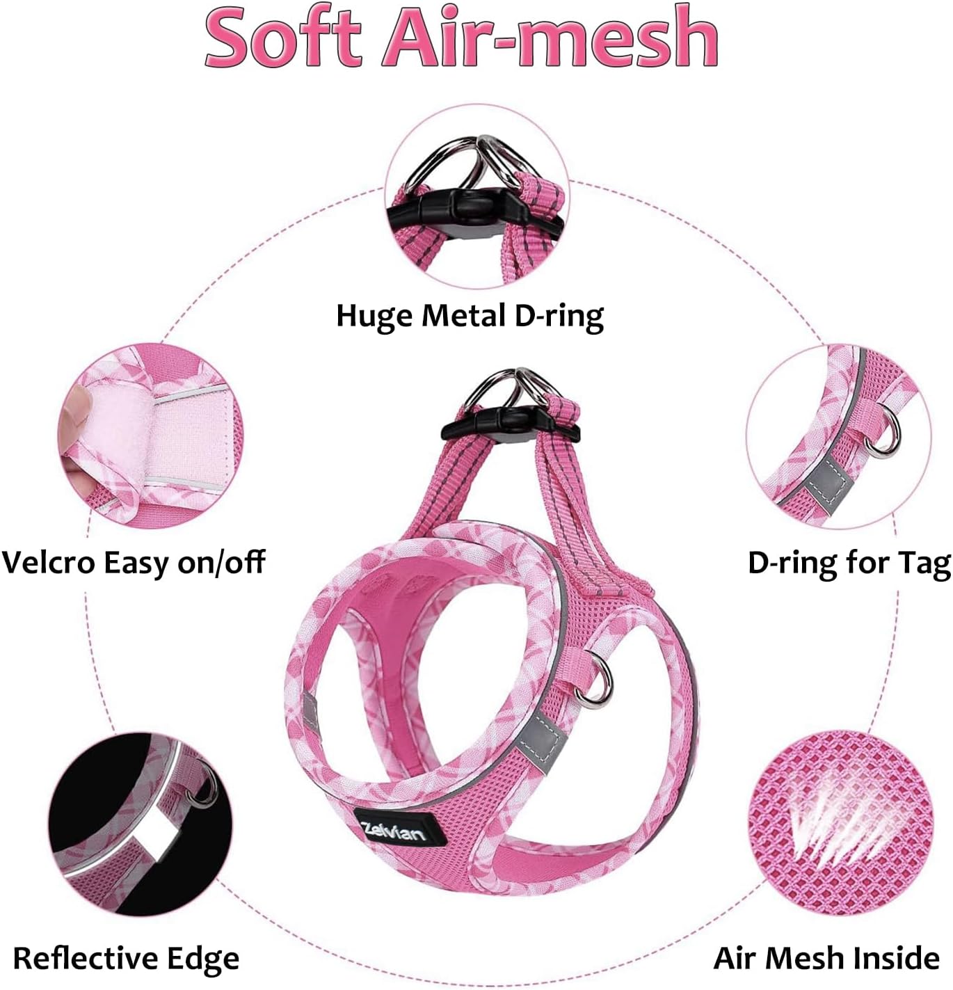 Cat Harness and Leash Set for Walking, Escape Proof Adjustable Soft Mesh Kitten Harness with Reflective Strips, Breathable No-Choke Pet Vest for Small Cats or Puppies(Pink,M)