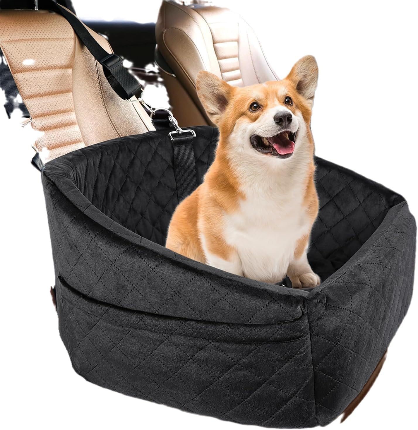 Dog Car Seat for Small & Medium Dogs – Washable & Detachable Pet Booster Seat with Safety Belt, Non-Slip Travel Bed for Cars, Fits Pets Under 20lbs, Storage Pockets (Black)