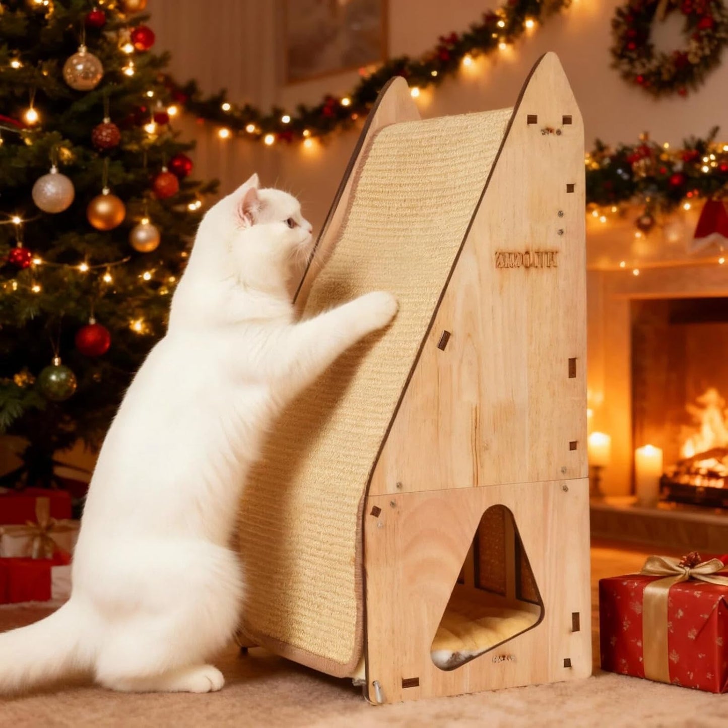 Cat Scratching Post Set: Enhanced Wood-Framed Cat Scratch Post (24in) + Cat Scratch Protector Pads (Beige)