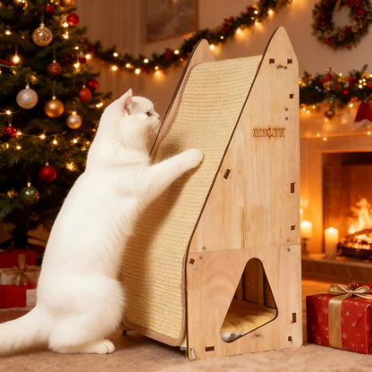 Cat Scratching Post Set: Enhanced Wood-Framed Cat Scratch Post (24in) + Cat Scratch Protector Pads (Beige)