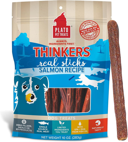 Plato Pet Treats Air Dried Dog Treats Salmon Thinkers Sticks, Natural Dog Treats, Real Meat, Air Dried, Made in the USA, 10oz