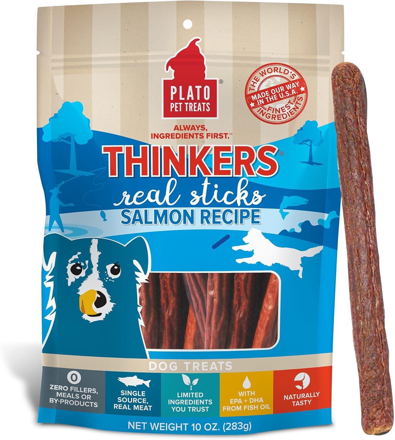 Plato Pet Treats Air Dried Dog Treats Salmon Thinkers Sticks, Natural Dog Treats, Real Meat, Air Dried, Made in the USA, 10oz