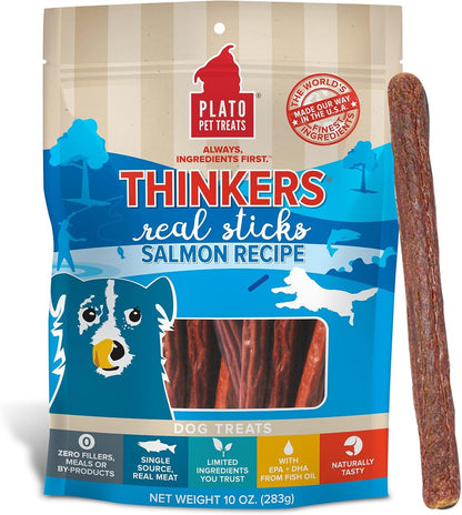 Plato Pet Treats Air Dried Dog Treats Salmon Thinkers Sticks, Natural Dog Treats, Real Meat, Air Dried, Made in the USA, 10oz