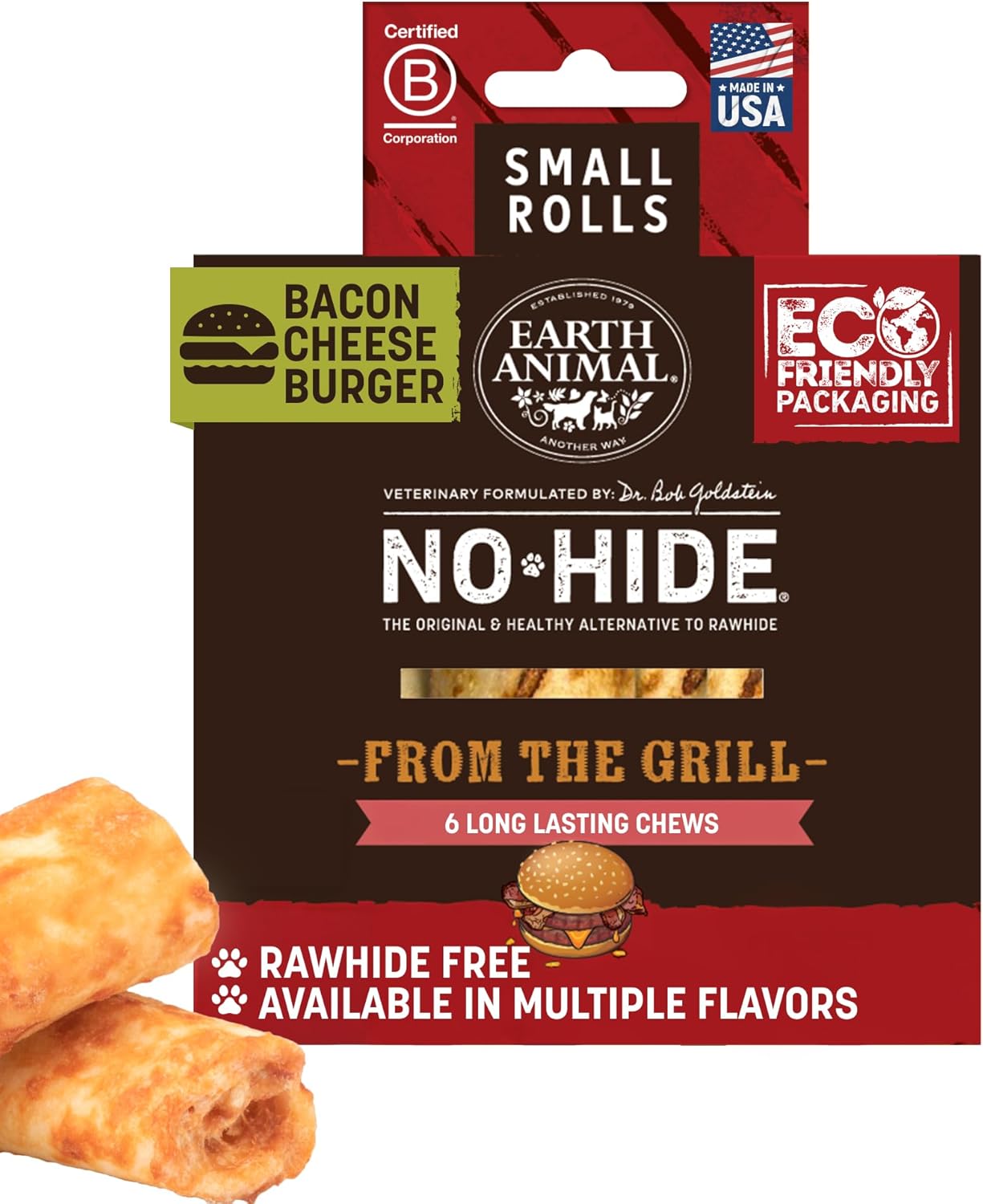 Earth Animal No Hide Chews - from The Grill Rolls Bacon Cheeseburger Flavor Rawhide Free Small Dog Chews - 6 Count