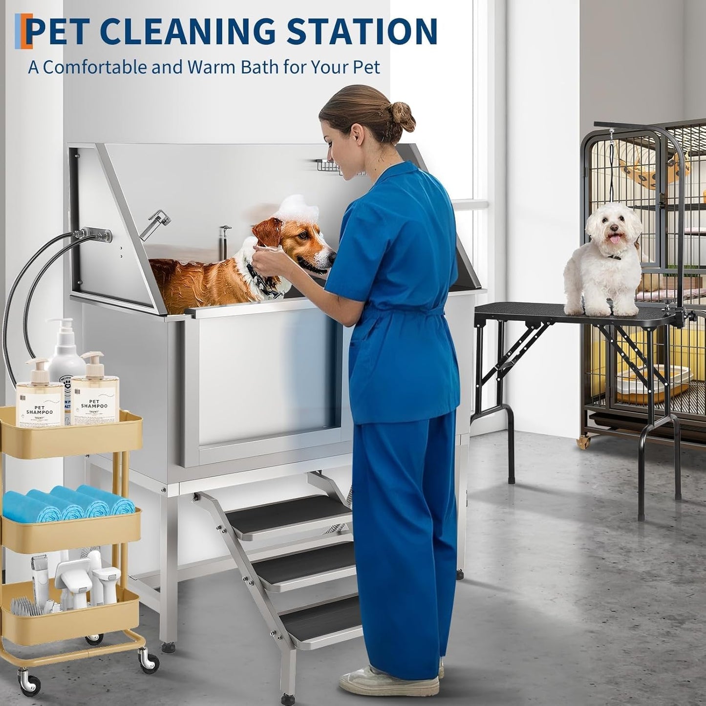 62" Pet Dog Bathing Station with Ramp, Professional Stainless Steel Dog Grooming Tub with Soap Box, Faucet, Dog Bathtub for Large,Medium,Small Pets, Washing Sink for Home