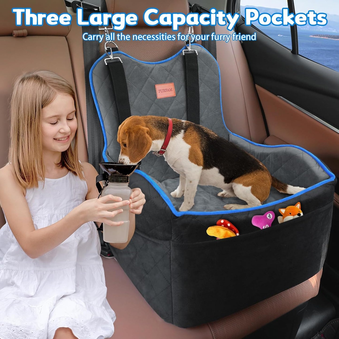 Elevated Dog Car Seat, Booster Car Seat for Small/Medium Sized Dog Fits in Front/Back Seat, 6 Inch Memory Foam, 3 Storage Pockets & 3 Safety Belts, Detachable Washable Puppy Carrier for Travel