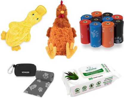 Dog Walk & Play Gift Set – Toys, Poop Bag Holder + 150 Bags & Aloe Pet Wipes (100ct)