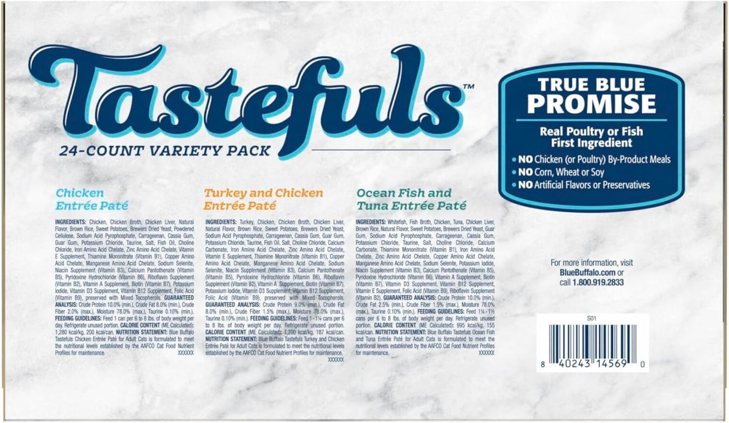 Blue Buffalo Tastefuls Wet Cat Food Paté Variety Pack, Made with Natural Ingredients, Chicken, Turkey & Chicken, Ocean Fish & Tuna Entrées, 5.5-oz Cans (24 Count, 8 of Each)