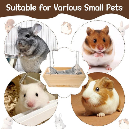 Large Wooden Hanging Bed with Soft Plush Mat for Chinchilla, Hammock for Rat Cage, Guinea Pig Ferret Swing, Small Animal Cage Accessories Resting Nest