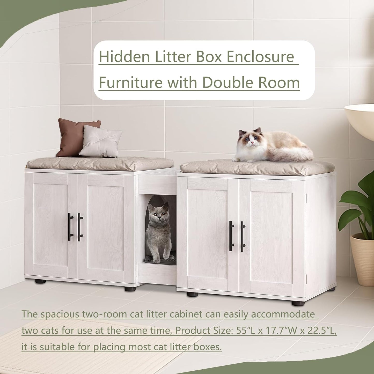 Cat Litter Box Enclosure Furniture for 2 Cats, 55" Large Hiddden Cat Litter Box Enclosure Furniture 3-IN-1 Wooden Cat Litter Cabinet with Barn Door & Double Rooms for Bedroom Living Room, White