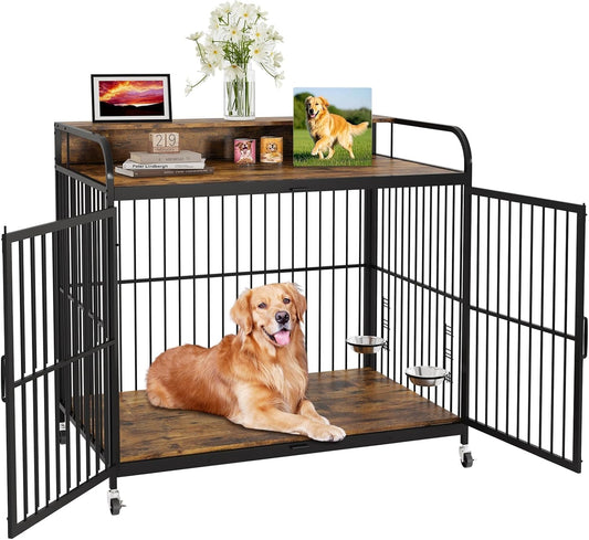 Wooden Dog Crate Furniture, Adjustable Feeder Kennel End Table for Medium Breeds, Robust Steel Frame with 360° Locking Casters and Storage Shelf, Brown