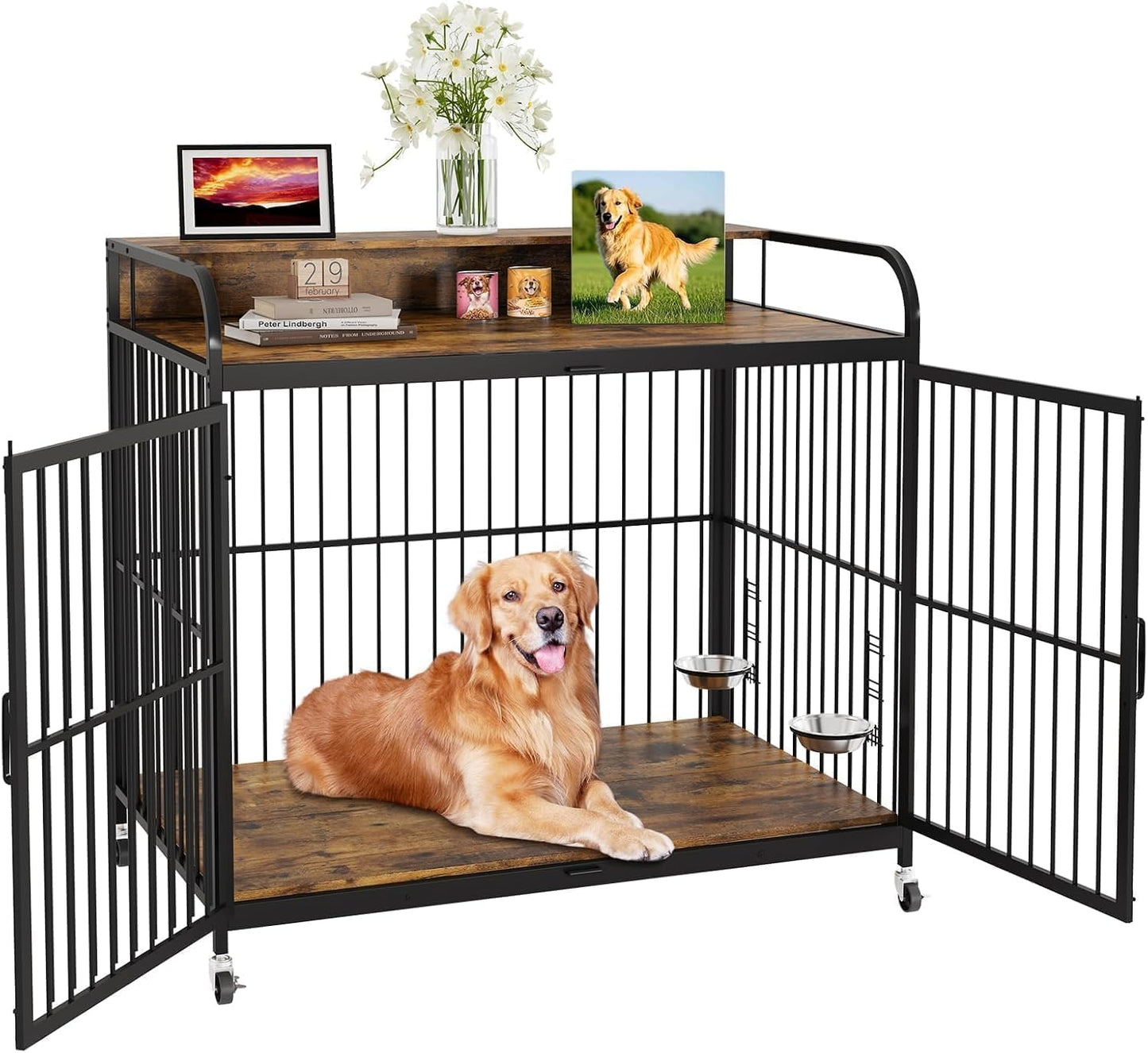 Dog Crate Furniture with Adjustable Height Feeder, Heavy Duty Dog House for Large Dogs with 360°Wheels for Easy Mobility, Decorative End Table Design(48''L x 29.92''W x 44.29''H)