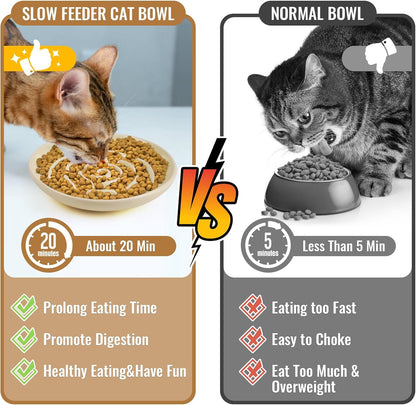 Shallow Elevated Cat Bowls with Bamboo Stand, 5.9 Inch Raised Slow Feeder Cat Bowl and Wide Ceramic Cats Bowls Whisker Friendly, 2 Pack Pet Dishes for Dry and Wet Food Dishwasher Safe