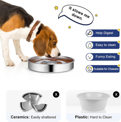 Slow Feeder Dog Bowl Stainless Steel, 2 Cups Metal Non-Slip Dog Food Bowls, Dogs Water Bowl for Small & Medium Sized Dogs, Fun Bloat Stop Pet Bowl for Fast Eaters, Slows Down Pets Eating