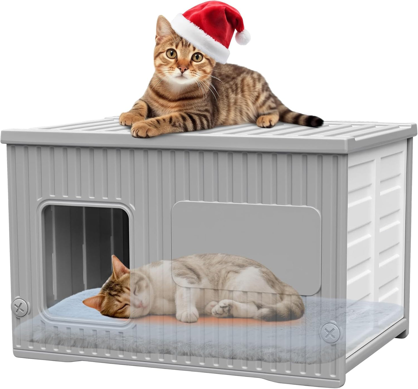 Waterproof Outdoor Cat House with Soft Mat, Plastic Cat Houses for Outdoor Cats Feral Cat House, Sturdy Cat Bed for Small Pet, Spacious, Assemble Easily-Grey
