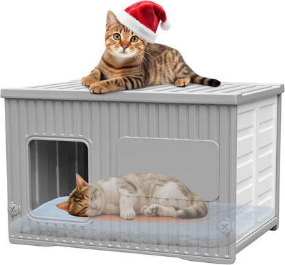 Waterproof Outdoor Cat House with Soft Mat, Plastic Cat Houses for Outdoor Cats Feral Cat House, Sturdy Cat Bed for Small Pet, Spacious, Assemble Easily-Grey