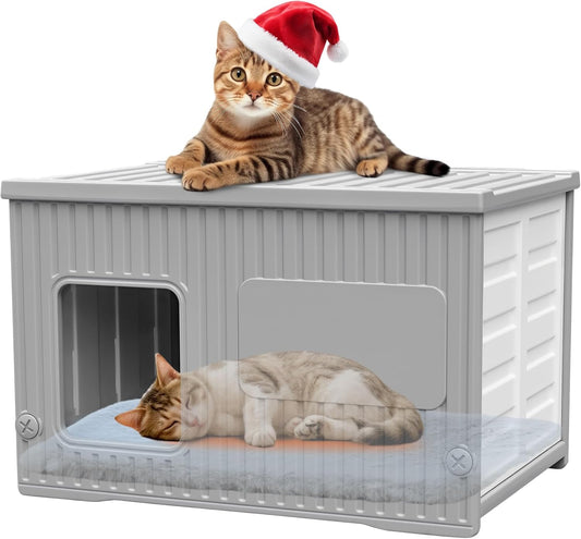 Waterproof Outdoor Cat House with Soft Mat, Plastic Cat Houses for Outdoor Cats Feral Cat House, Sturdy Cat Bed for Small Pet, Spacious, Assemble Easily-Grey