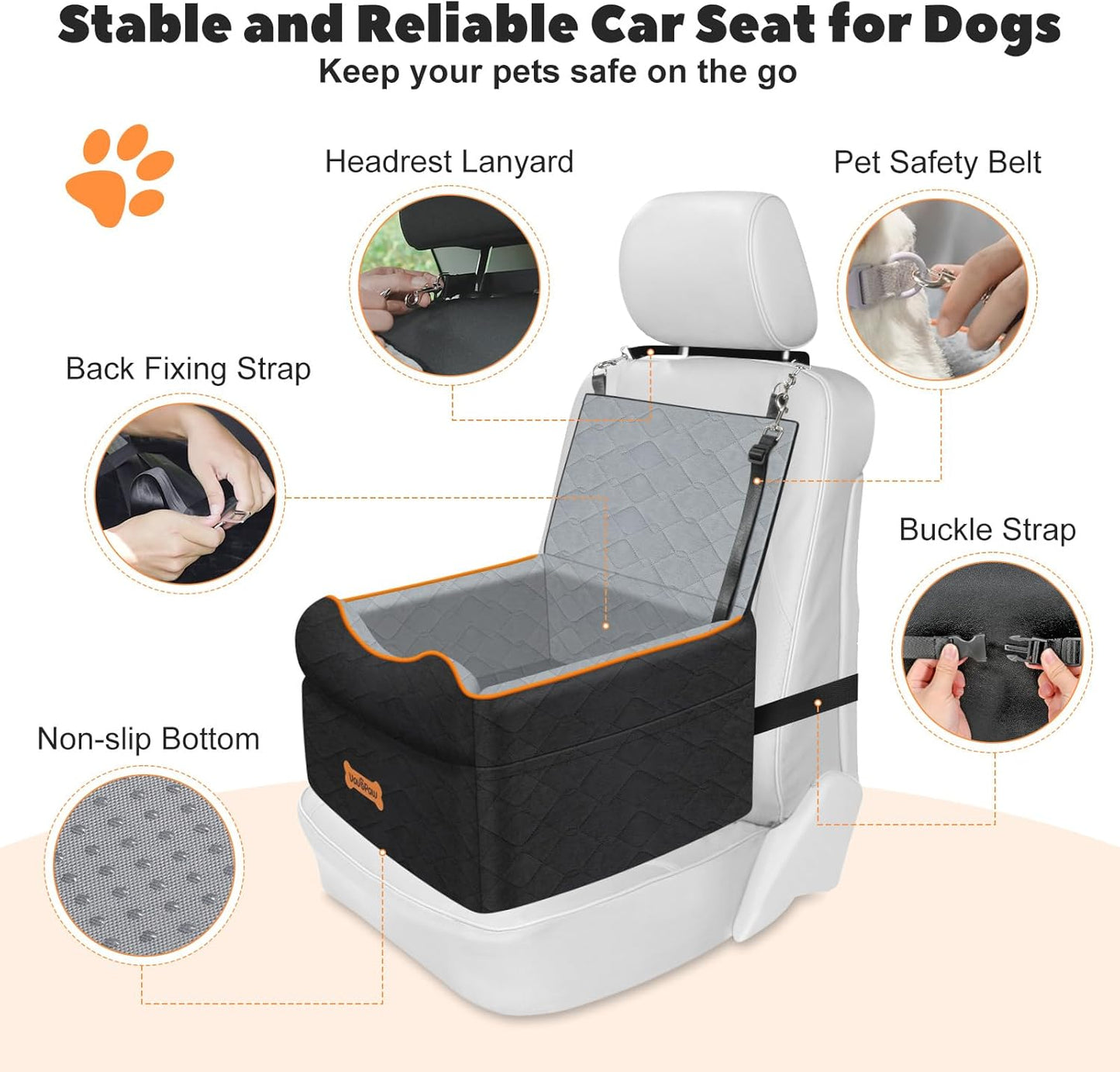 Small Dog Car Seat, Waterproof Dog Booster Seat with Thick Cushion & Safety Leash, Removable Car Back Seat Bed for 1 Small Dogs Under 25lbs, Pet Car Seat for Travel, Black/Gray