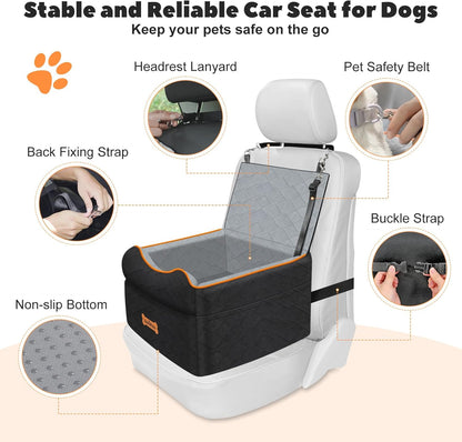 Small Dog Car Seat, Waterproof Dog Booster Seat with Thick Cushion & Safety Leash, Removable Car Back Seat Bed for 1 Small Dogs Under 25lbs, Pet Car Seat for Travel, Black/Gray