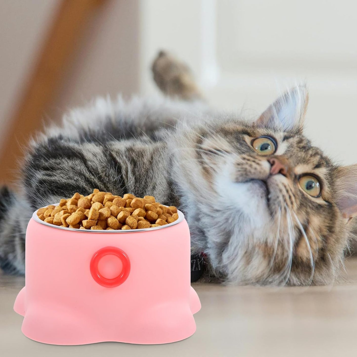 Anti-Spill Stainless Steel Cat Bowl Octopus Shape Portable Non-Tipping Pet Feeding Dish for Active Cats and Puppies, Peach Pink Non-Slip Water and Food Bowl for Travel and Home Use