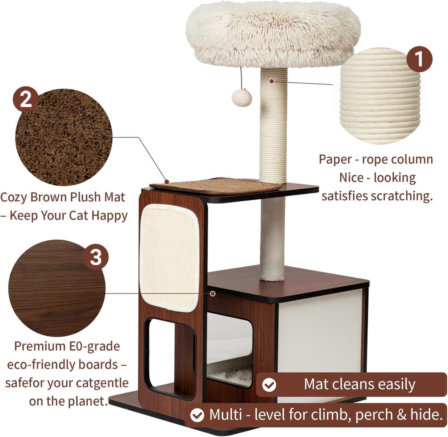 Cat Tree Tower for Small Cats, 41 Inch Wooden Multi-Level Cat Condo with Sisal Scratching Posts - Stable Activity Center, Plush Perch & Hanging Ball Toy