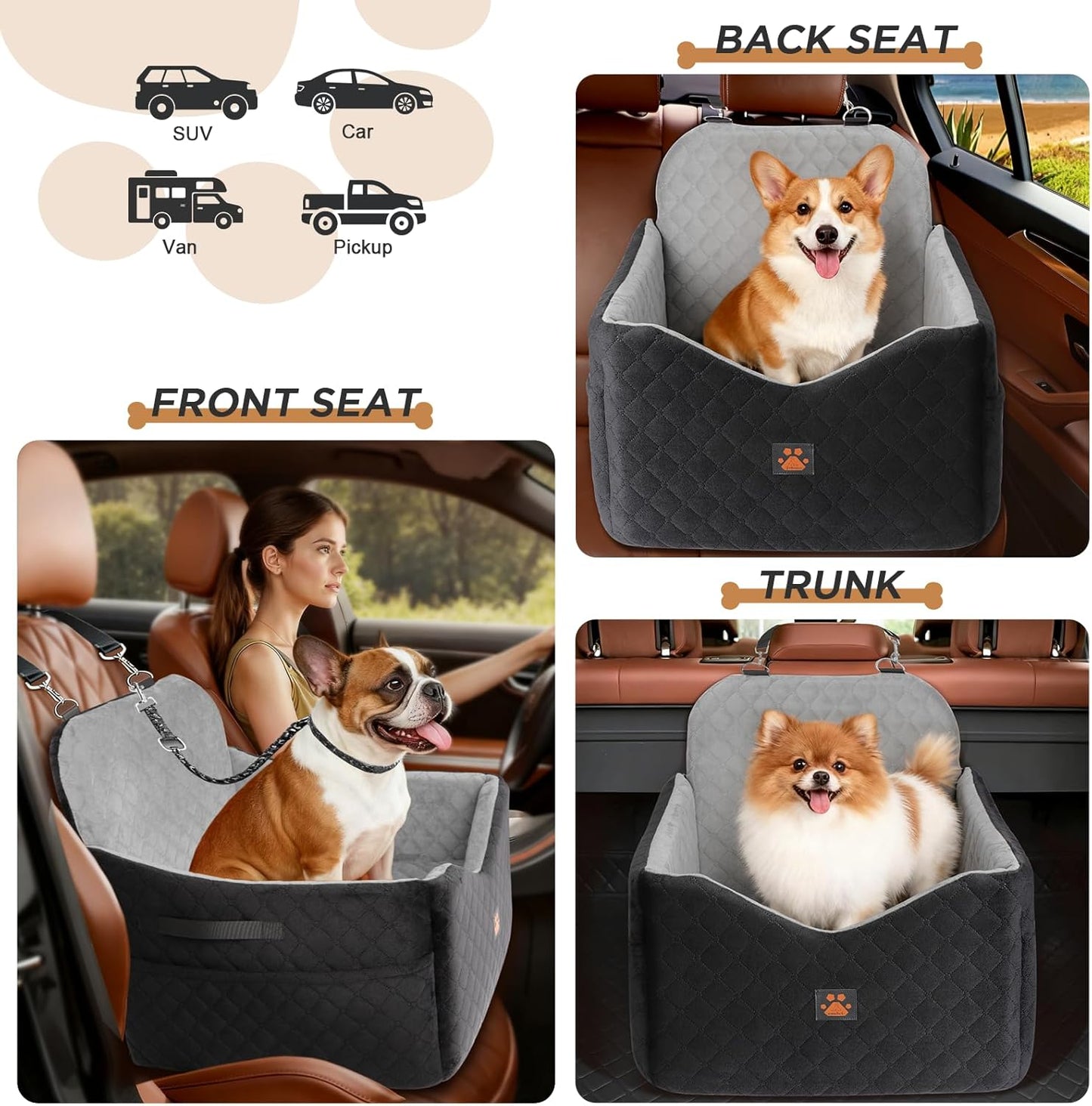 Dog Car Seat for Small/Medium Dogs Up to 35lbs, Pet Booster CarSeat with Thick Cushion, Detachable Washable Pet Car Bed with Storage Pockets, 2 Safety Belts (Grey)